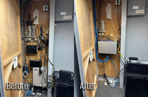 A side‑by‑side comparison showing a network equipment area before and after organization. The left ‘Before’ image displays a narrow equipment closet with exposed wooden walls, where cables hang loosely and several devices are mounted unevenly or placed on the floor. The right ‘After’ image shows the same space after ABS Technology reorganized it, with network devices mounted neatly on the wall, cables bundled and secured, and the floor area cleared.